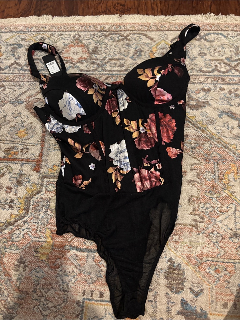 Fashion Nova Black Floral Underwire Bodysuit